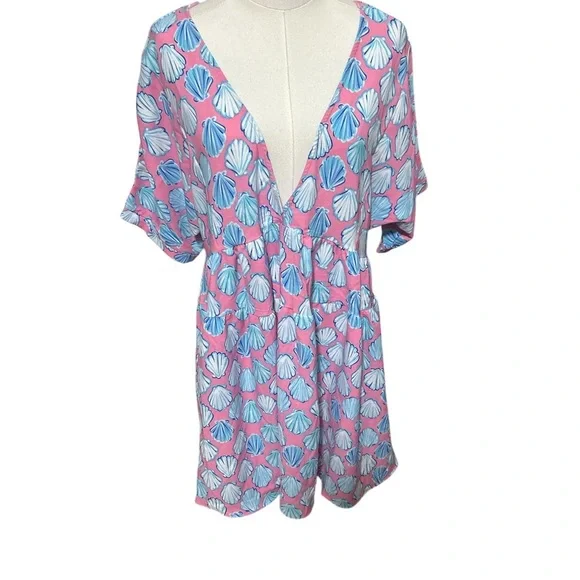 Simply Southern Pink and Blue Shell Swim Coverup Sz small back tie tassels - Picture 2 of 8